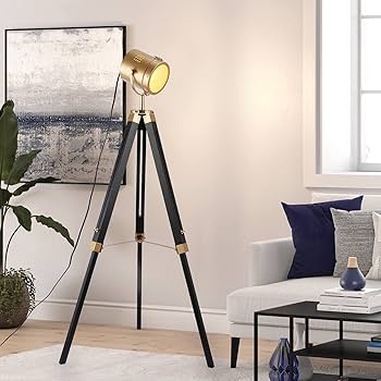LUSTORM 1 Industrial Tripod Metal Floor Lamp Brass Rotation